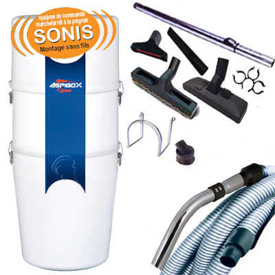 [APC061] PACK PRET A MONTER 600 m2 SANS FIL (TYPE ALDES) ASPIBOX 2600F GARANTIE 5 ANS + Flexible de 9 m Sonis, systéme de commande sans fils marche/arrêt à la poignée + 8 accessoires