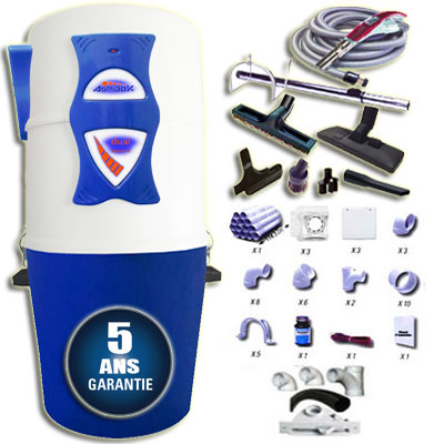 [APC083] Aspirateur central hybride ASPIBOX Dual à variateur de vitesse GARANTIE 2 ANS (jusqu’à 500 m²) + trousse à variateur 9 M + 8 accessoires + kit 5 prises + kit prise balai + kit prise garage