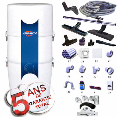 [APC102] Aspirateur central ASPIBOX 2600F GARANTIE 5 ANS (jusqu'à 500 m²) + trousse inter 9 M + 8 accessoires + kit 5 prises + kit prise balai + Kit prise garage + set garage