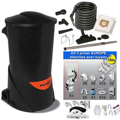 [APC138] Centrale d'aspiration DYVAC (jusqu’à 300 m²) + set de nettoyage standard 10 m + 7 accessoires + kit 3 prises + kit prise balai + kit prise garage - Garantie 2 ans