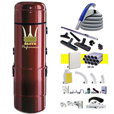 [APC144] ÉLITE PERFORMANCE garantie 5 ans + 2 Sets 18 m RETRAFLEX + 14 accessoires + kit 2 prises RETRAFLEX nouvelle génération, 20% plus petit que le premier modèle! + kit prise balai (rayon d'action 2 X 180 m2)