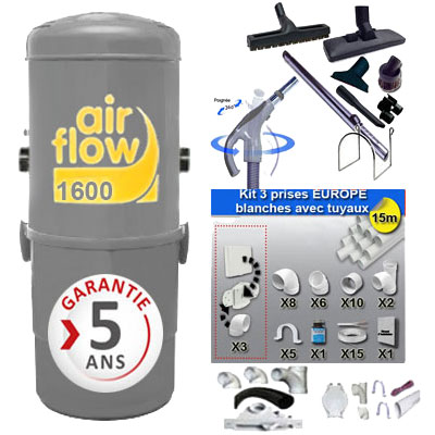 [APC153] Aspirateur central AIRFLOW 1600 (jusqu’à 300 m²) Garantie 5 ans + trousse inter 9 ML + 8 accessoires + kit 3 prises + kit prise balai + kit prise garage