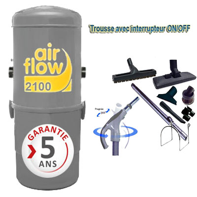 [APC154] Aspirateur centralisé AIRFLOW 2100 (jusqu’à 400 m²) Garantie 5 ans - Avec 1 flexible interrupteur 9m, 8 accessoires et 1 aspi-plumeau offert