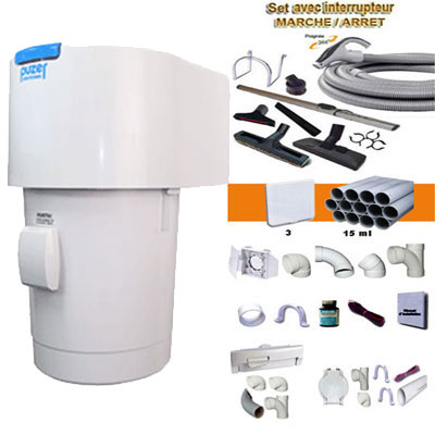[APC182] Aspiration centralisée PUZER OIVA garantie 2 ans (jusqu'à 200 M²) + Set inter 9 M + 8 accessoires + kit 3 prises + kit prise balai + kit prise garage