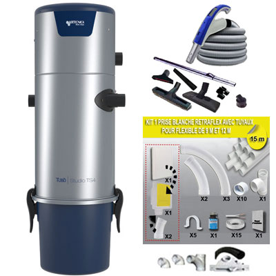[APC219] Aspiration Centralisée Aertecnica TS4 garantie 3 ans + Flexible RETRAFLEX 12m marche/arrêt à télécommande intégrée + 7 accessoires + kit 1 prise Retraflex + kit ramasse-miettes (rayon de 120 m2)