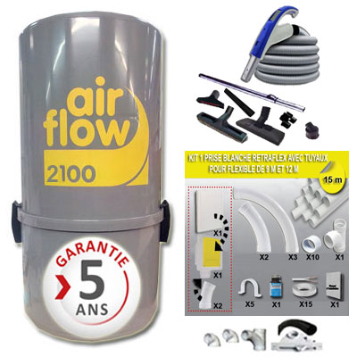 [APC222] Aspirateur central AIRFLOW 2100 garantie 5 ans + Set 12 m RETRAFLEX + 7 accessoires + kit 1 prise RETRAFLEX nouvelle génération, 20% plus petit que le premier modèle! + kit prise balai (rayon d'action 120 m2)