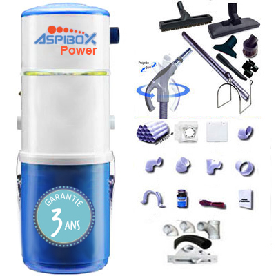 [APC236] Aspirateur central hybride ASPIBOX Power GARANTIE 3 ANS (jusqu’à 500 m²) + trousse inter 9m + 8 access. Kit 5 prises + kit prise balai + kit prise garage + Kit flexible garage 8m et 5 accessoires OFFERT