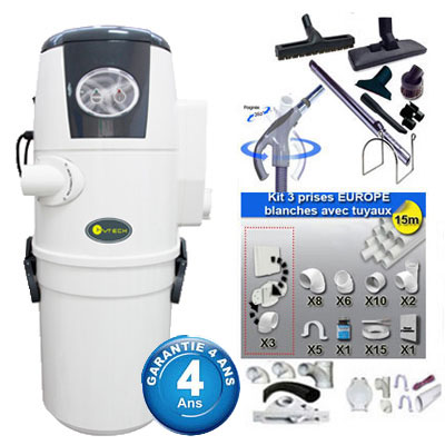 [APC254] Aspirateur central CVTECH WINNY COMPACT 1.6kW + trousse inter 9 ML + 8 accessoires + kit 3 prises + kit prise balai + kit prise garage - Logement jusqu'à 250 m2 - Garantie 4 ans