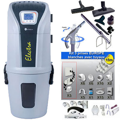 [APC262] Aspiration centralisée SACH CVTech VAC Electra 1.6kW + Set inter 9 M + 8 accessoires + kit 3 prises + kit prise balai + kit prise garage - Logement jusqu'à 250 m2 - Garantie 4 ans