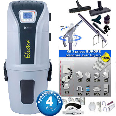 [APC264] Aspiration centralisée SACH CVTech VAC Electra 1.8kW + Set inter 9 M + 8 accessoires + kit 3 prises + kit prise balai + kit prise garage - Logement jusqu'à 300 m2 - Garantie 4 ans