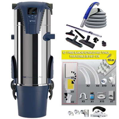 [APC269] Aspiration Centralisée Aertecnica TX4 garantie 3 ans + Set 12m RETRAFLEX marche/arrêt à télécommande intégrée + 7 accessoires + kit 1 prise Retraflex + kit prise balai (rayon de 120 m2)