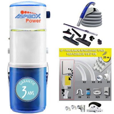 [APC344] Aspirateur central hybride ASPIBOX Power GARANTIE 3 ANS + Flexible RETRAFLEX 18m + 7 accessoires + kit 1 prise Retraflex + kit ramasse-miettes (rayon de 180 m2)