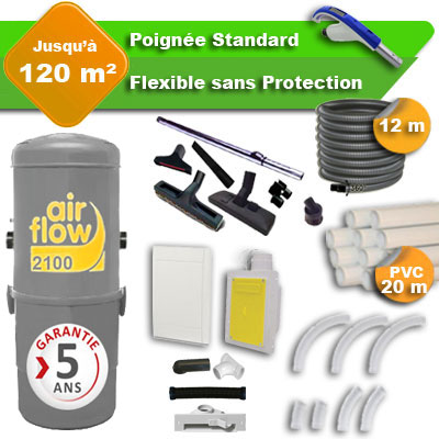[APC355] Aspirateur central AIRFLOW 2100 garantie 5 ans + flexible rétractable  12 m standard + 7 accessoires + kit 1 prise RETRAFLEX + kit prise balai (rayon d'action 120 m2)
