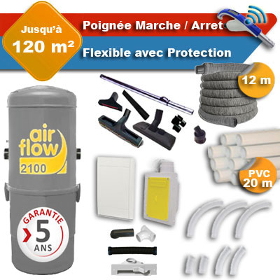 [APC357] Aspirateur central AIRFLOW 2100 garantie 5 ans + flexible rétractable 12 m avec housse de protection + poignée marche/arrêt + 7 accessoires + kit 1 prise RETRAFLEX + kit prise balai (rayon d'action 120 m2)