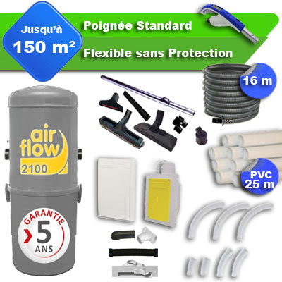 [APC358] Aspirateur central AIRFLOW 2100 garantie 5 ans + flexible rétractable  16 m standard + 7 accessoires + kit 1 prise RETRAFLEX + kit prise balai (rayon d'action 150 m2)