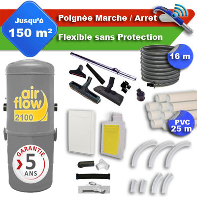 [APC359] Aspirateur central AIRFLOW 2100 garantie 5 ans + flexible rétractable  16 m + poignée marche/arrêt + 7 accessoires + kit 1 prise RETRAFLEX + kit prise balai (rayon d'action 150 m2)