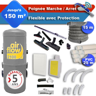 [APC360] Aspirateur central AIRFLOW 2100 garantie 5 ans + flexible rétractable 15 m avec housse de protection + poignée marche/arrêt + 7 accessoires + kit 1 prise RETRAFLEX + kit prise balai (rayon d'action 150 m2)