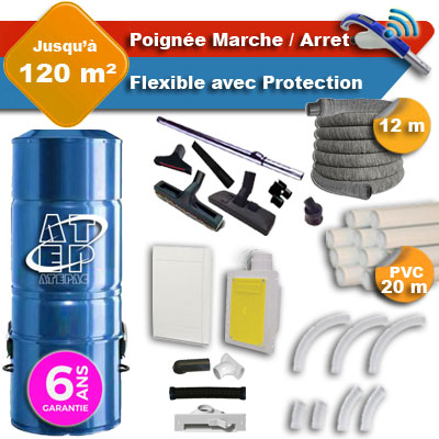 [APC366] Aspirateur central hybride ATEPAC 70 GARANTIE 6 ANS + flexible rétractable 12 m avec housse de protection + poignée marche/arrêt + 7 accessoires + kit 1 prise RETRAFLEX + kit prise balai (rayon d'action 120 m2)