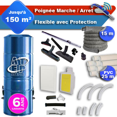 [APC369] Aspirateur central hybride ATEPAC 70 GARANTIE 6 ANS + flexible rétractable 15 m avec housse de protection + poignée marche/arrêt + 7 accessoires + kit 1 prise RETRAFLEX + kit prise balai (rayon d'action 150 m2)