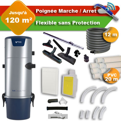 [APC374] Aspirateur central Aertecnica TS4 garantie 3 ans + flexible rétractable  12 m + poignée marche/arrêt + 7 accessoires + kit 1 prise RETRAFLEX + kit prise balai (rayon d'action 120 m2)
