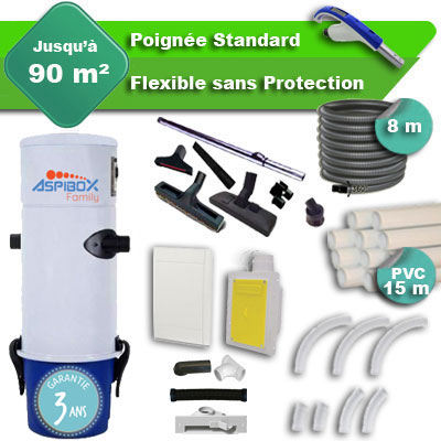[APC382] Aspirateur central Aspibox Family garantie 3 ans + flexible rétractable  8 m standard + 7 accessoires + kit 1 prise RETRAFLEX + kit prise balai (rayon d'action 90 m2)