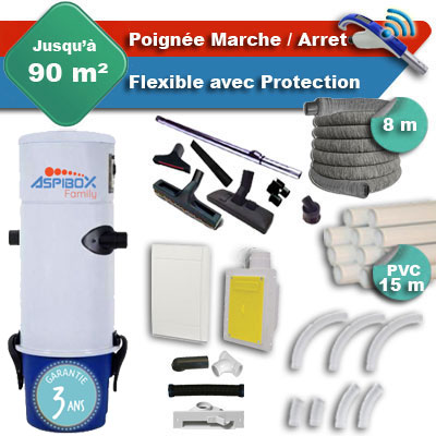 [APC384] Aspirateur central Aspibox Family 3 ans + flexible rétractable 8 m avec housse de protection + poignée marche/arrêt + 7 accessoires + kit 1 prise RETRAFLEX + kit prise balai (rayon d'action 90 m2)