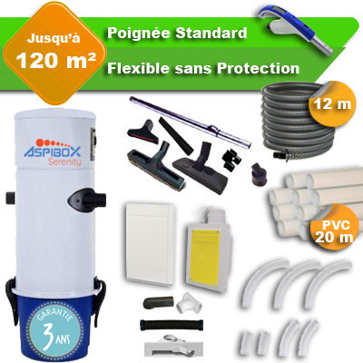 [APC385] Aspirateur central Aspibox Serenity garantie 3 ans + flexible rétractable  12 m standard + 7 accessoires + kit 1 prise RETRAFLEX + kit prise balai (rayon d'action 120 m2)