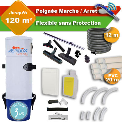 [APC386] Aspirateur central Aspibox Serenity garantie 3 ans + flexible rétractable  12 m + poignée marche/arrêt + 7 accessoires + kit 1 prise RETRAFLEX + kit prise balai (rayon d'action 120 m2)