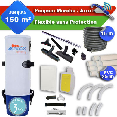 [APC389] Aspirateur central Aspibox Serenity garantie 3 ans + flexible rétractable  16 m + poignée marche/arrêt + 7 accessoires + kit 1 prise RETRAFLEX + kit prise balai (rayon d'action 150 m2)