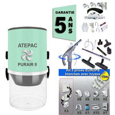 [APC419] Aspiration centralisée ATEPAC PURAIR II (jusqu'à 180 M²), Garantie 5 ans + Set inter 9 M + 8 accessoires + kit 3 prises + kit prise balai + kit prise garage