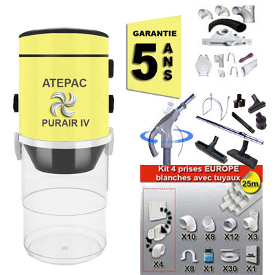 [APC423] Aspiration centralisée ATEPAC PURAIR IV (jusqu'à 350 M²), Garantie 5 ans + Set inter 9 M + 8 accessoires + kit 4 prises + kit prise balai + kit prise garage