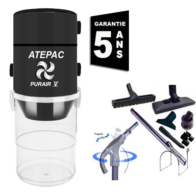 [APC424] Aspiration centralisée ATEPAC PURAIR V garantie 5 ans (jusquà 500 M²) + Set inter 9 M + 8 accessoires + 1 Aspi-plumeau offert