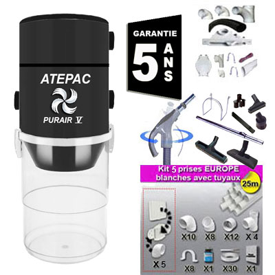 [APC425] Aspiration centralisée ATEPAC PURAIR V garantie 5 ans (jusqu'à 500 M²) + Set inter 9 M + 8 accessoires + kit 5 prises + kit prise balai + kit prise garage