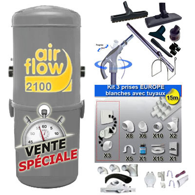 [APC431] Aspirateur central AIRFLOW 2100 garantie 5 ans (jusqu’à 400 m²) + trousse inter 9 ML + 8 accessoires + kit 3 prises + kit prise balai + kit prise garage