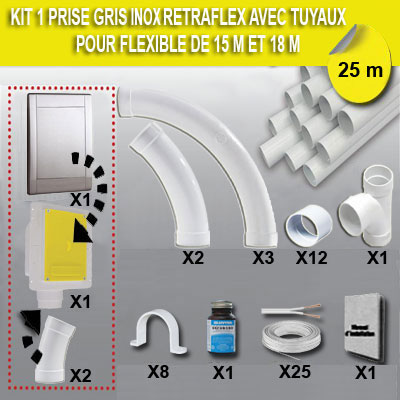 [ARC138] Kit 1 prise RETRAFLEX gris inox avec 25m de tuyaux pvc (pour flexibles de 15m et 18m non fournis)