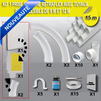 [ARC167] Kit 1 prise RETRAFLEX blanche nouvelle génération, 20% plus petit que le premier modèle! avec 15m de tuyaux pvc (pour flexibles de 9m et 12m non fournis)